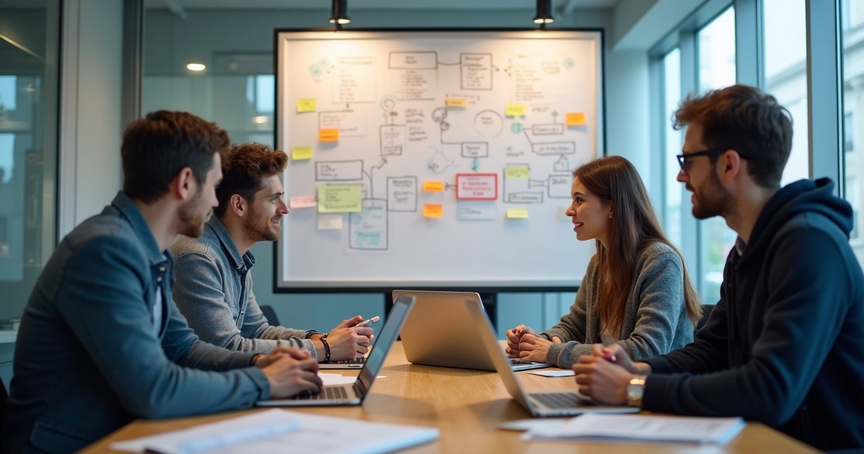 Reunião de desenvolvedores de startup discutindo software e propriedade intelectual