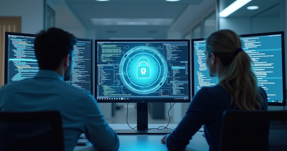 Profissionais de TI reunidos em frente a computadores, analisando um cofre digital na tela 