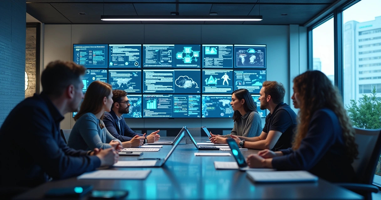 Equipe multidisciplinar desenvolvendo software em ambiente moderno com computadores e telas com códigos e gráficos 