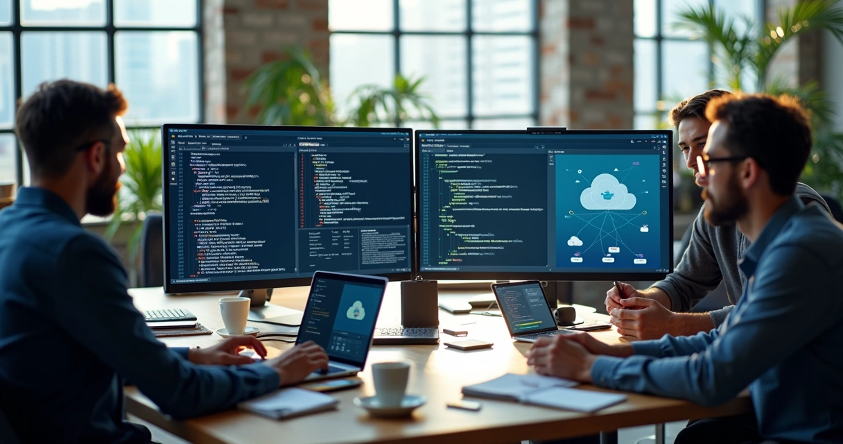 Equipe de desenvolvedores colaborando no desenvolvimento de software personalizado em ambiente de escritório moderno 