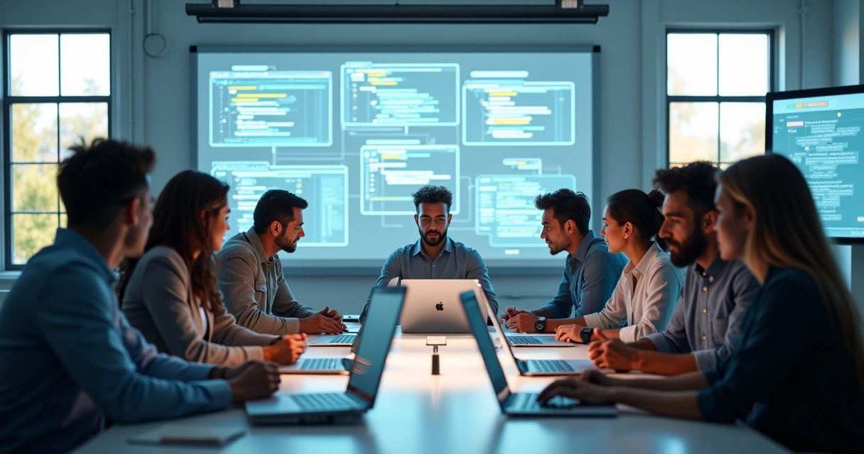 Equipe de desenvolvedores de aplicativos trabalhando colaborativamente em código e designs em ambiente moderno de escritório 