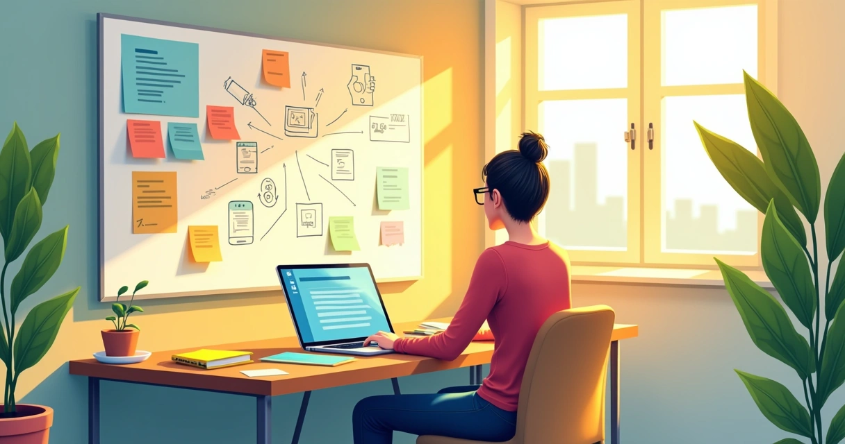 Pessoa desenvolvendo aplicativo em uma plataforma nocode, com anotações e lousa ao fundo.
