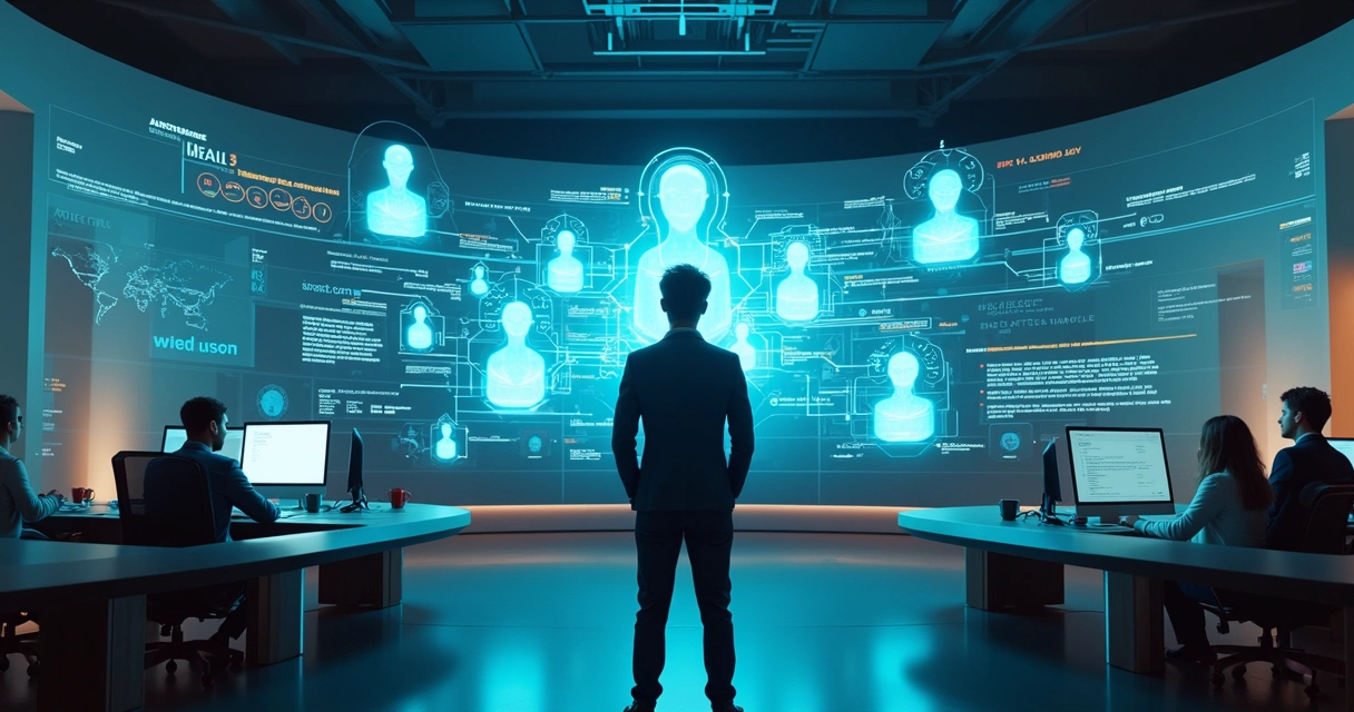 Profissional observa painel holográfico com agentes digitais em sala de controle tecnológica 