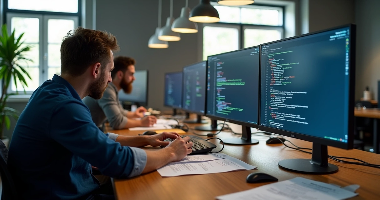 Desenvolvedores programando API legislativa em computadores 