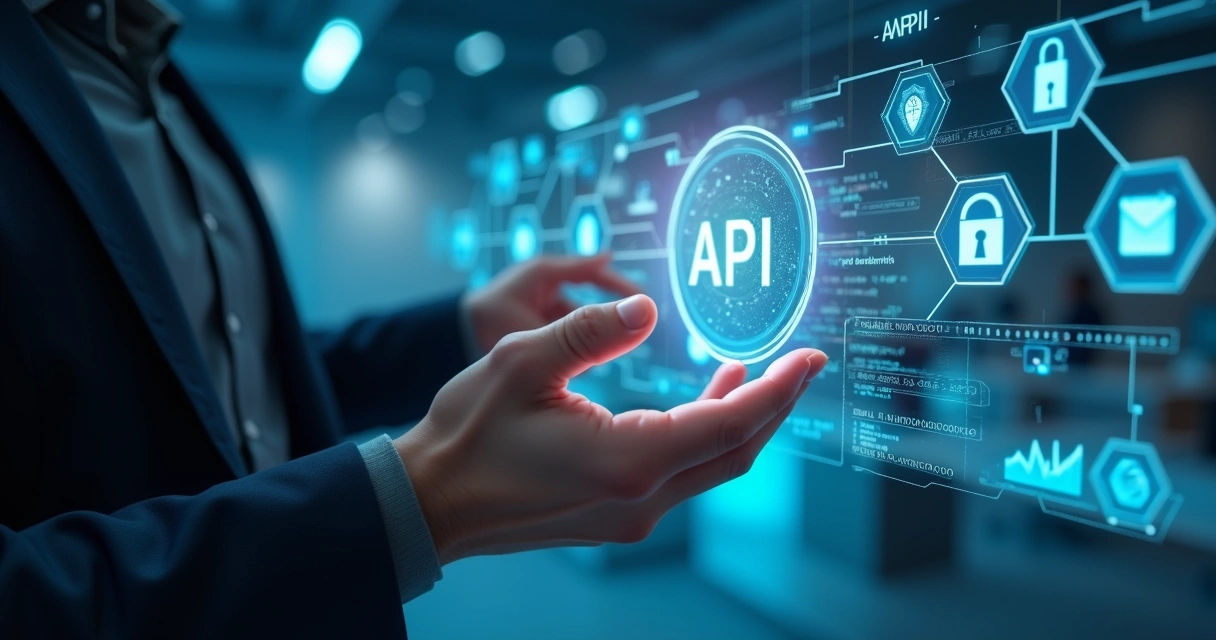 Mão de programador interagindo com interface digital de API em tela holográfica com gráficos de crescimento e ícones tecnológicos ao redor 