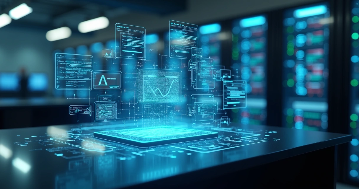 Interface digital com códigos, gráficos e conexões entre servidores e dispositivos tecnológicos 