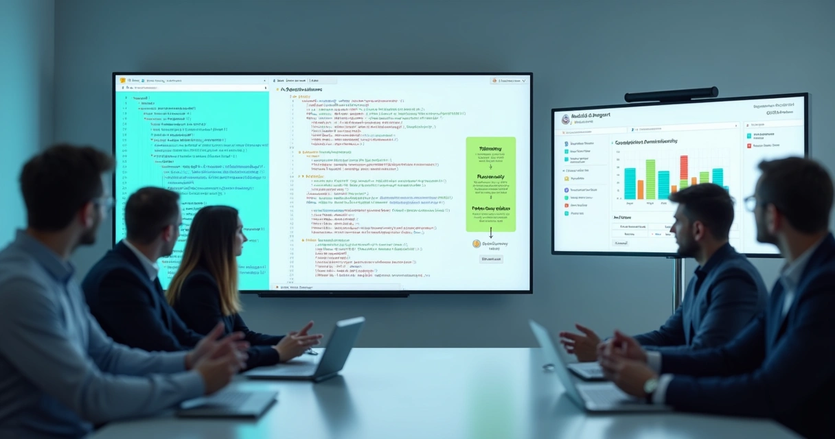 Equipe avaliando lado a lado o desenvolvimento de uma API personalizada e o uso de uma plataforma SaaS, ambos exibidos em telas conectadas