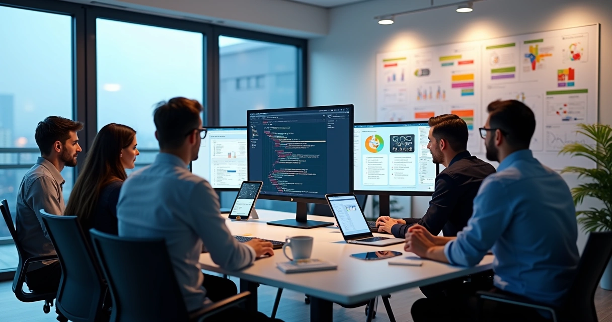 Equipe multidisciplinar trabalhando no desenvolvimento de aplicativos em escritório moderno com telas mostrando códigos e design UX/UI 