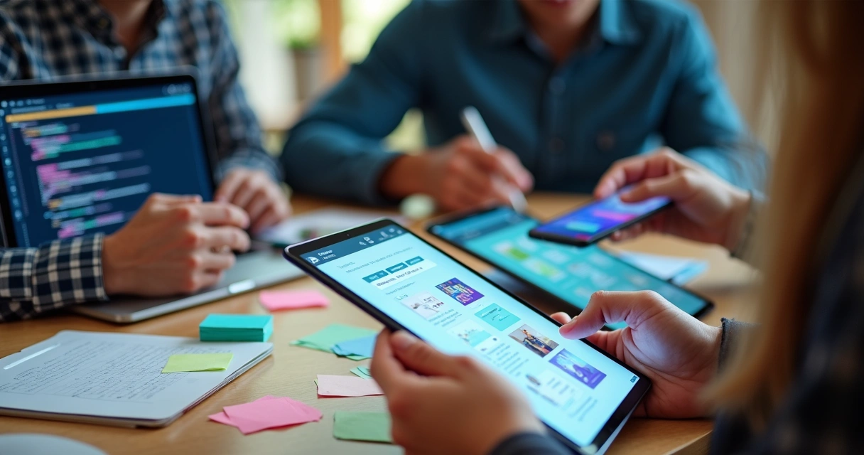 Desenvolvedores trabalhando na criação de aplicativos inovadores em tablets e computadores 