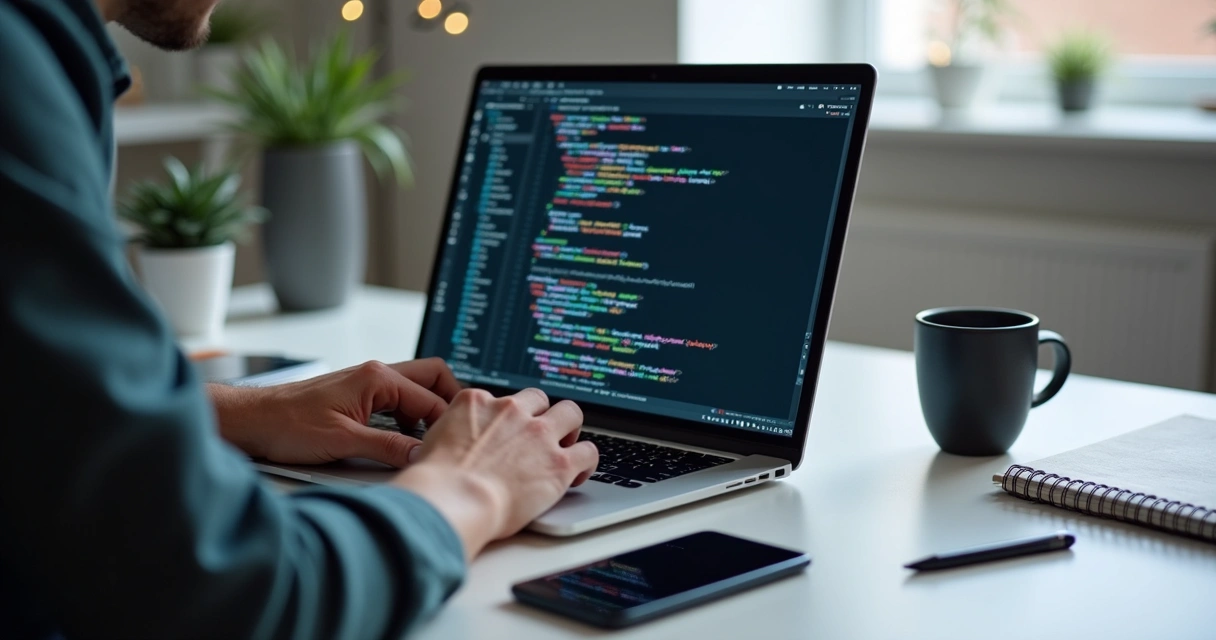 Pessoa programando aplicativo em notebook com códigos 
