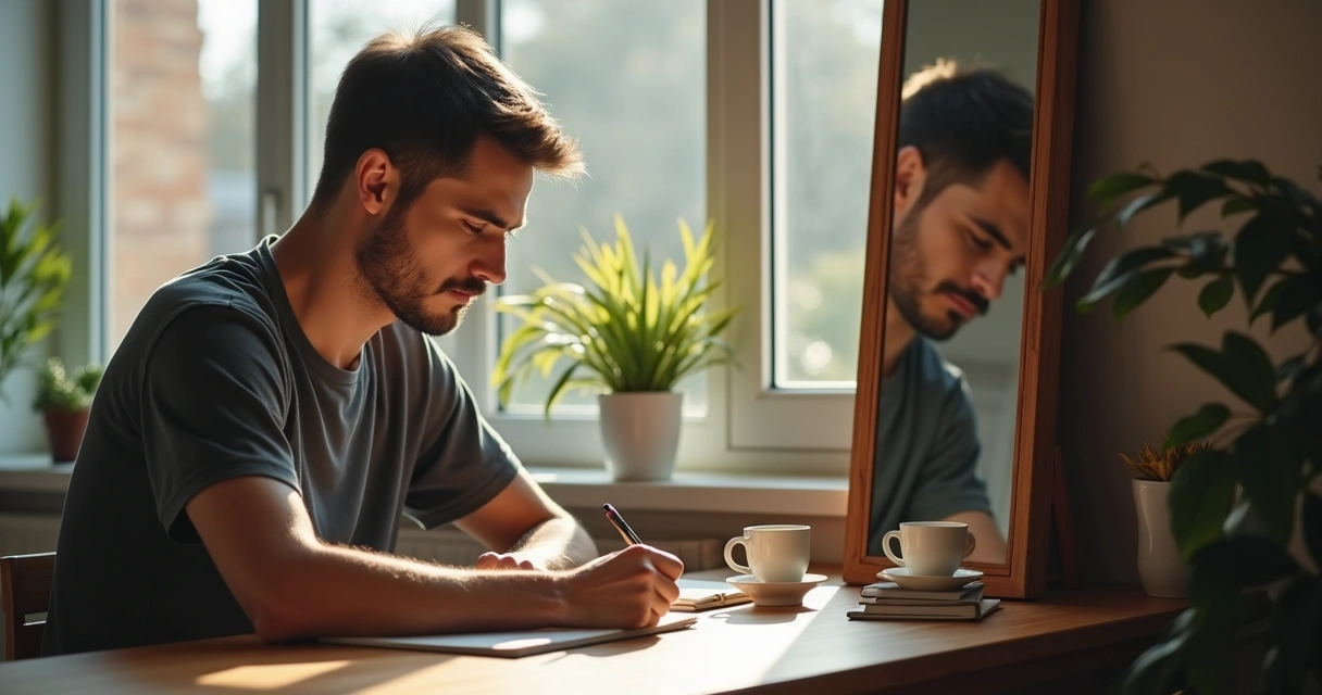 Homem sentado escrevendo em caderno com reflexo no espelho 