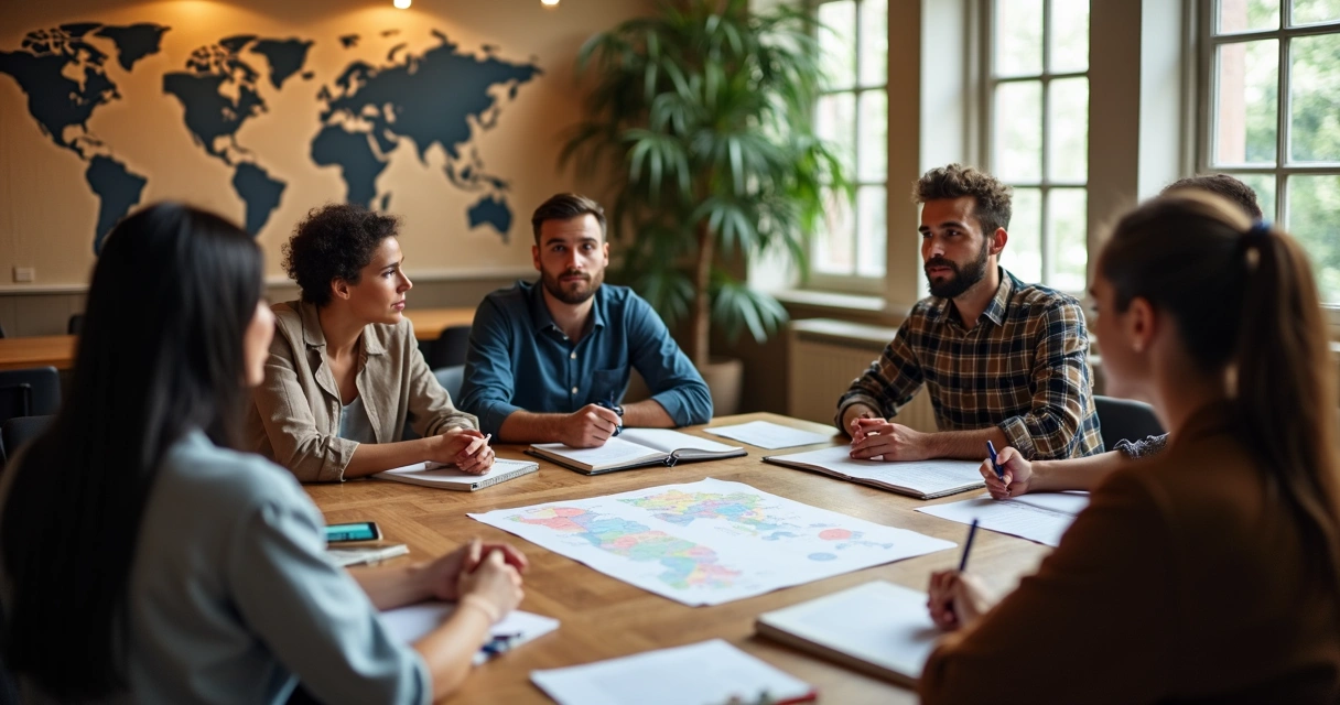 Equipe diversa refletindo sobre desenvolvimento e crescimento coletivo 