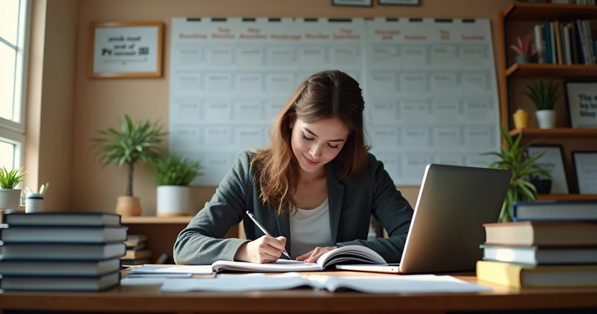 Pessoa estudando com materiais de trabalho em mesa organizada 
