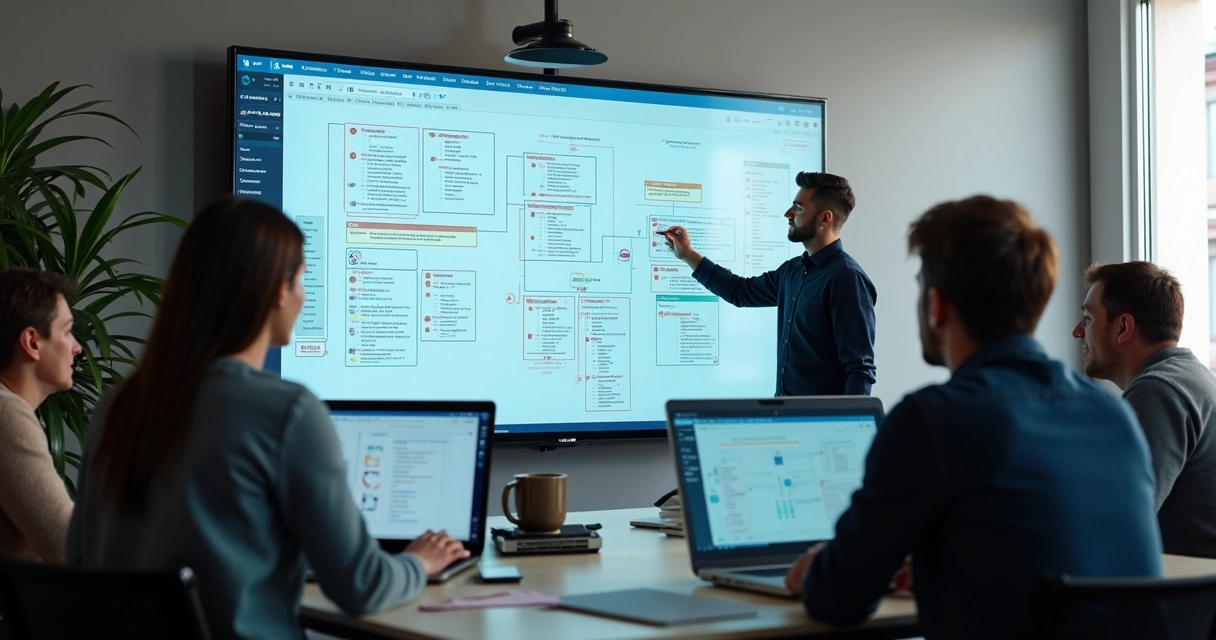 Time de design e desenvolvimento colaborando em um quadro digital