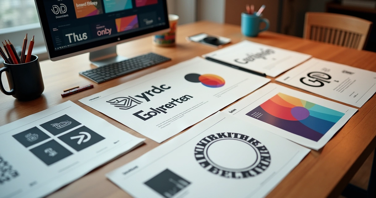 Vários exemplos de logotipo, paleta de cores e tipografias alinhados sobre uma mesa 