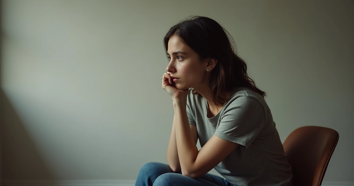 Pessoa sentada refletindo, em fundo neutro, representando autoavaliação emocional