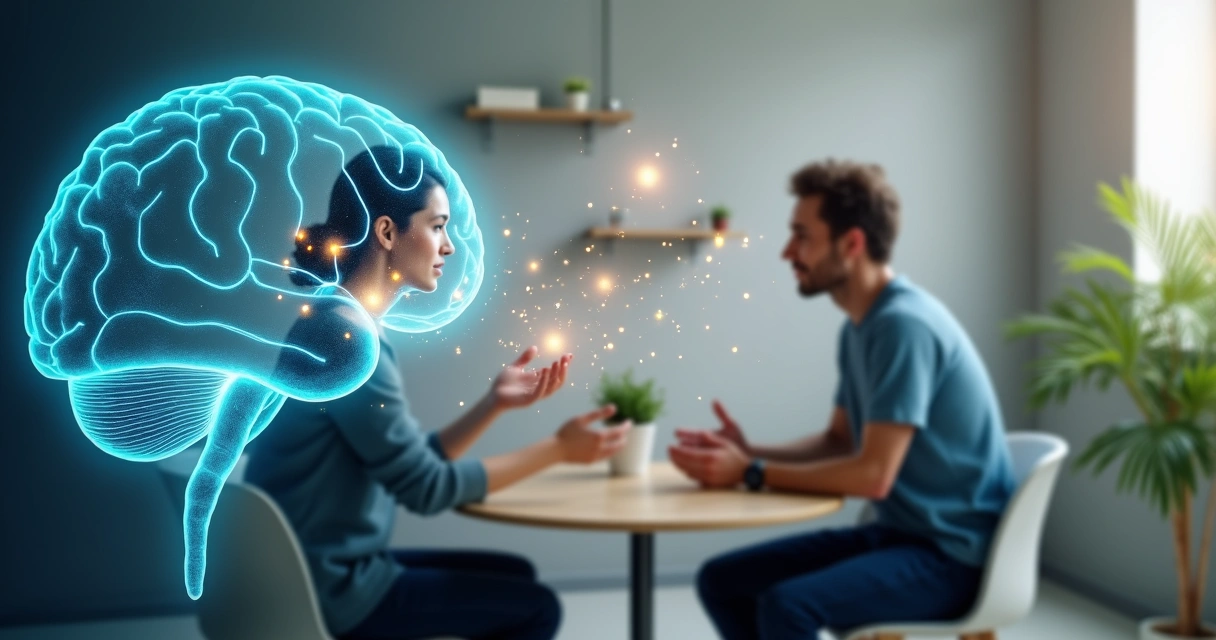 Cérebro humano interligado a duas pessoas se olhando com conexão empática 