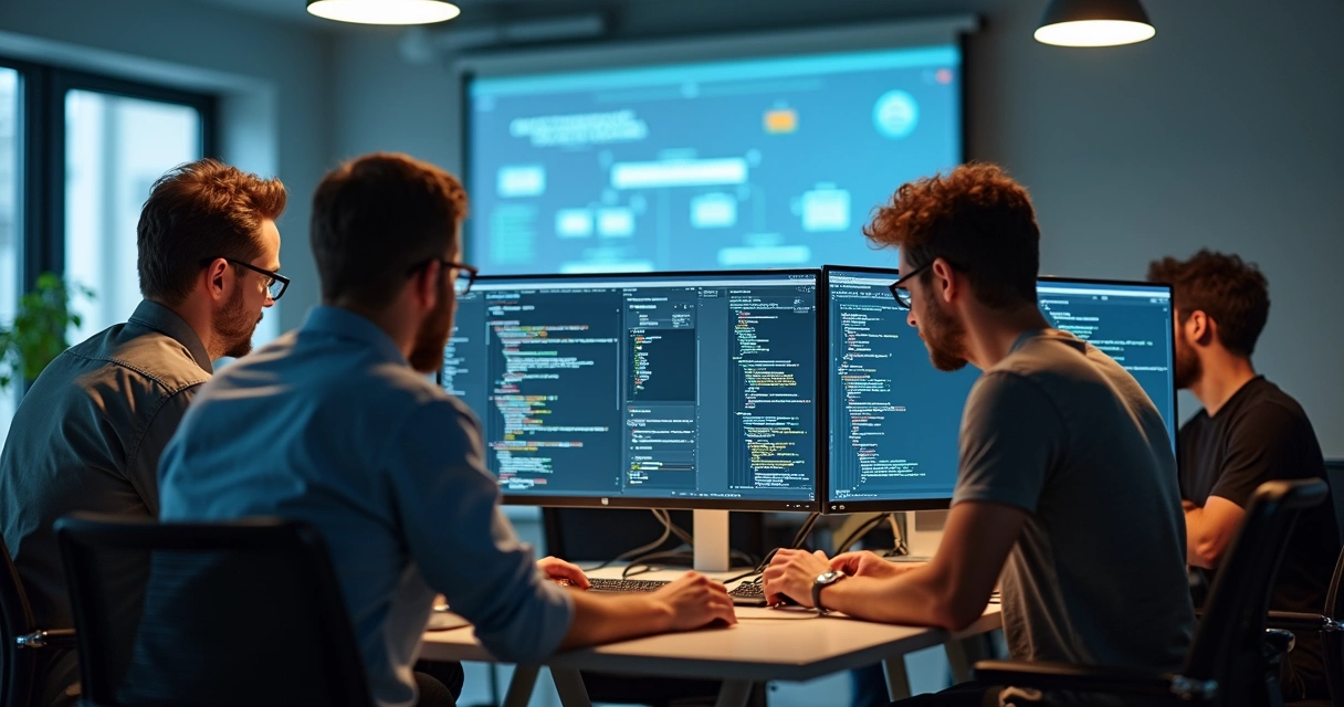Equipe de desenvolvimento codificando em computadores e quadro branco apresentando fluxos de projeto 