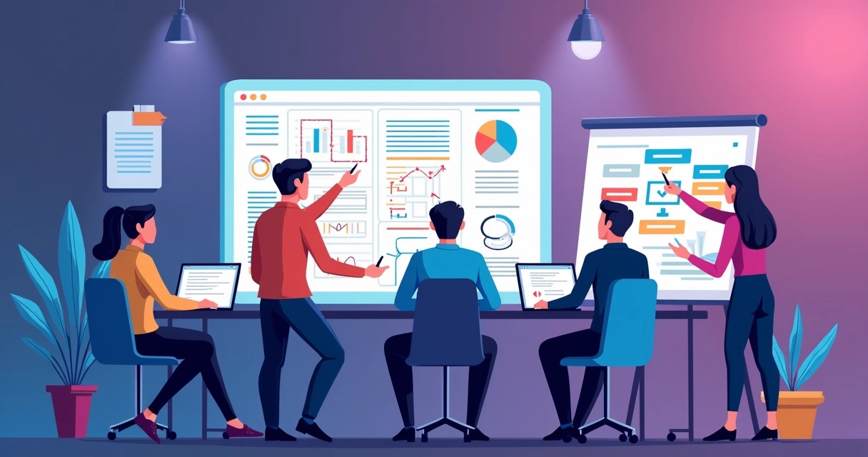 Equipe de desenvolvimento reunida numa sala analisando fluxogramas e telas em notebooks 