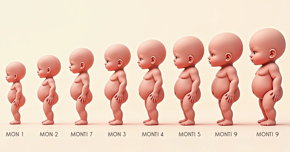 Colagem com imagens do desenvolvimento fetal mês a mês 