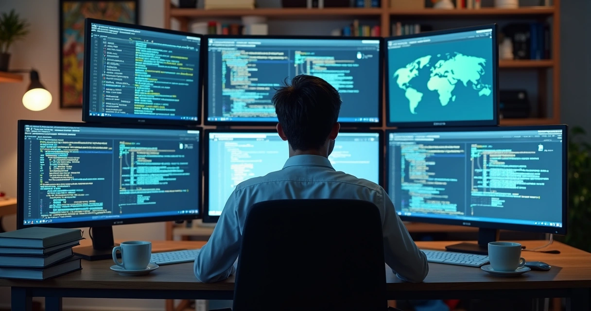 Homem olhando para várias telas com códigos fiscais 