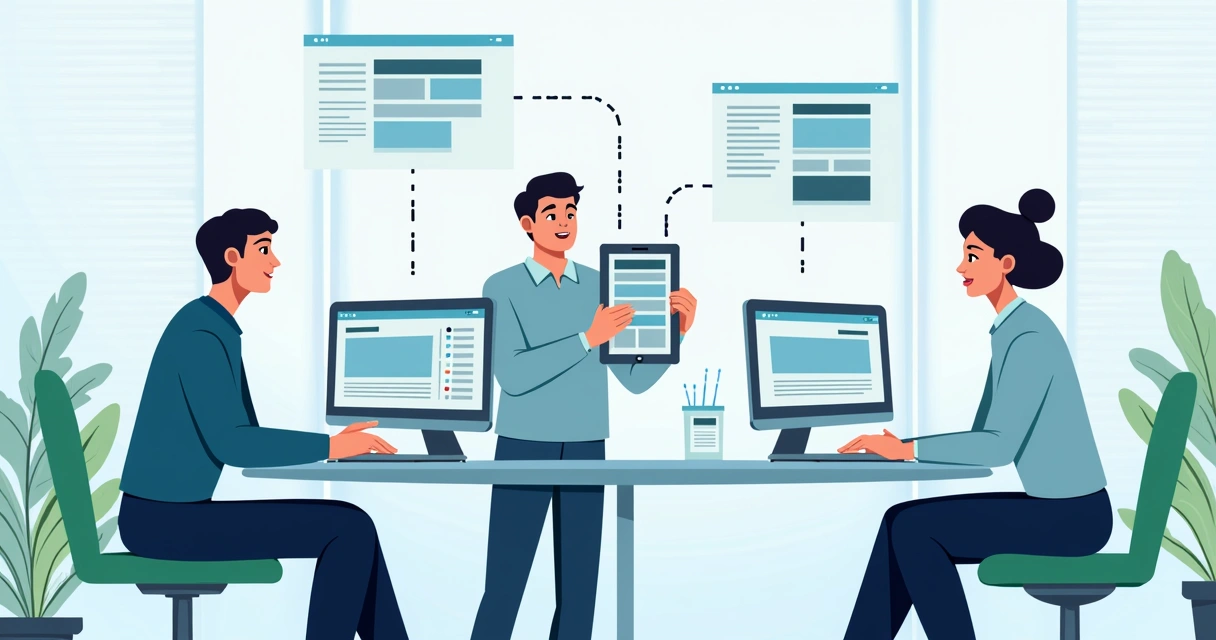 Equipe desenvolvedora trabalhando em diferentes dispositivos integrados 