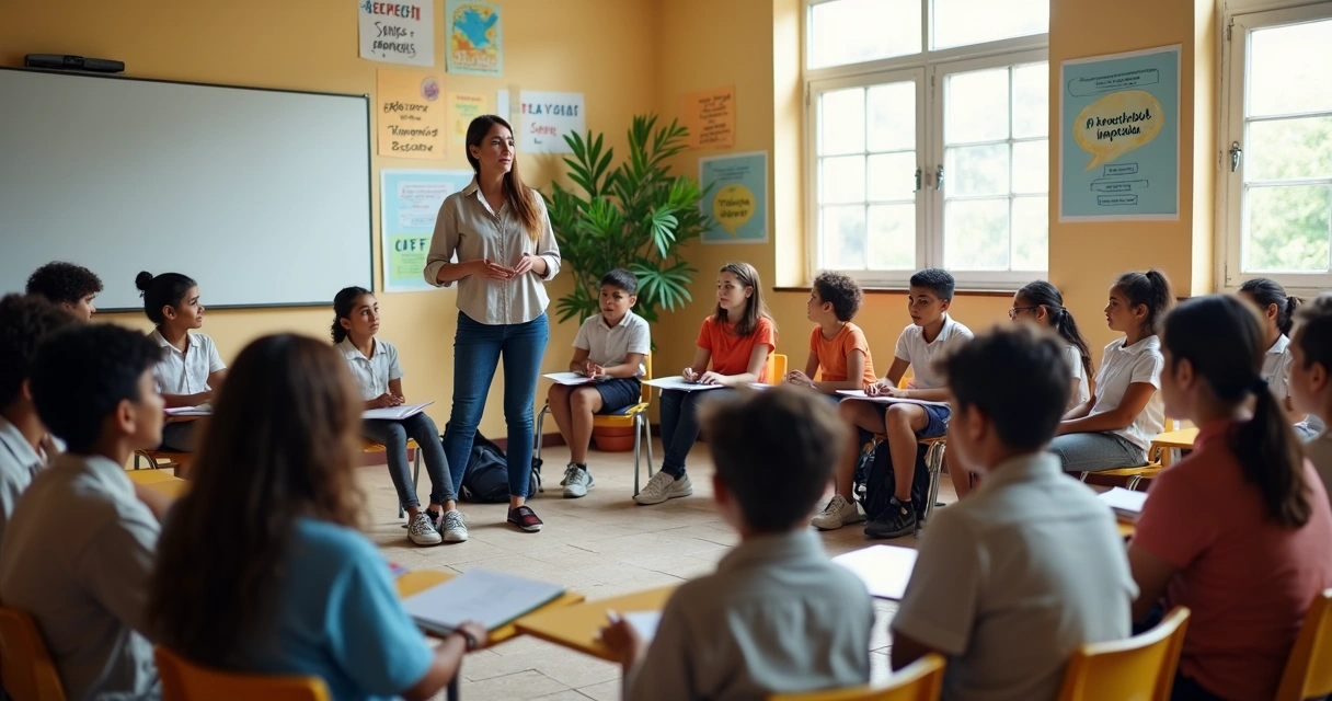 Professor conduz roda de conversa com alunos em sala de aula de escola pública 