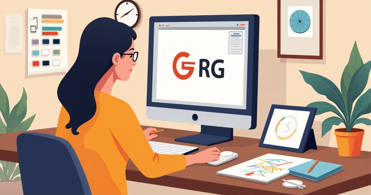 Designer ajustando logotipo na tela do computador, com paleta de cores e anotações ao lado 