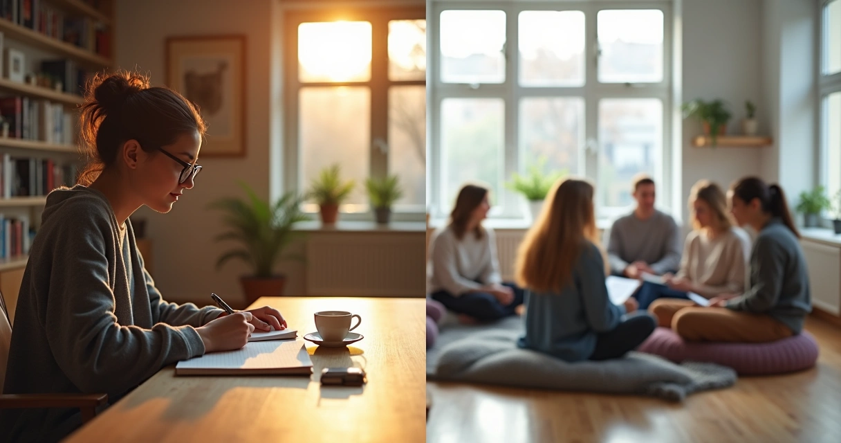 Pessoa refletindo sozinha de um lado e grupo em círculo conversando do outro lado 