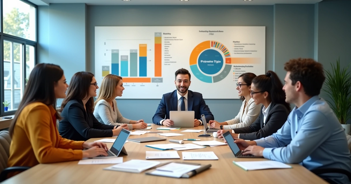 Equipe escolar reunida discutindo plano estratégico, gráficos na parede ao fundo. 