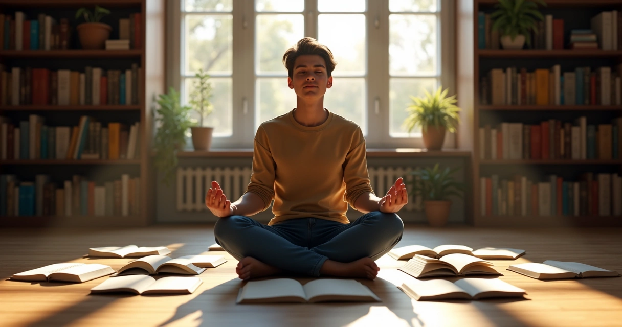 Pessoa sentada em silêncio refletindo, livros abertos ao redor, ambiente de sala iluminada por luz natural 