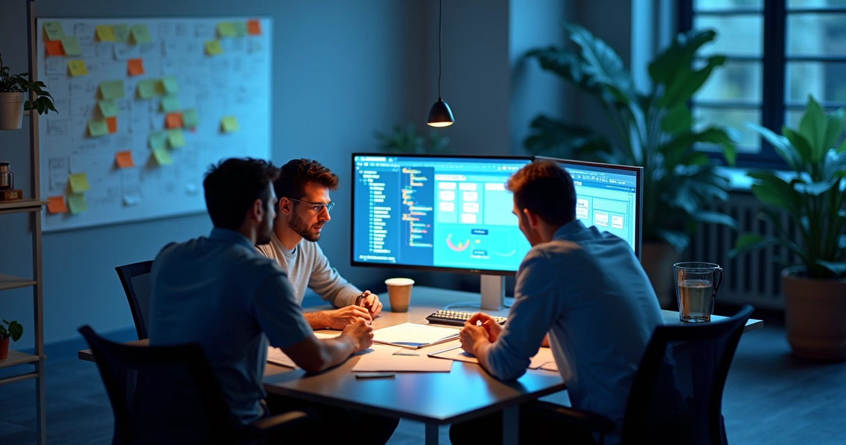 Equipe construindo aplicativo em tela de computador 