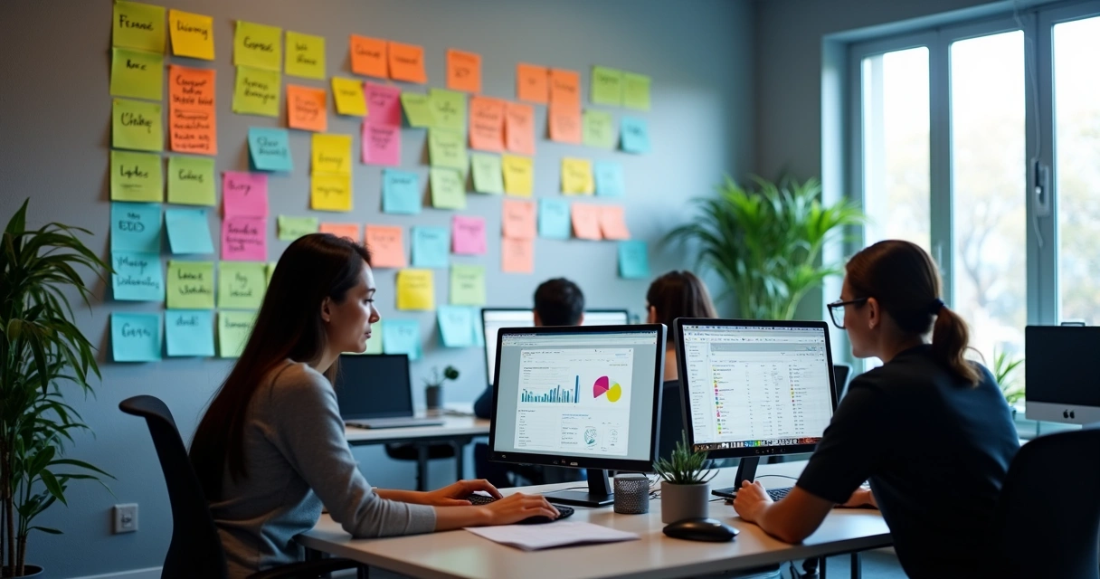 Equipe analisando dados e listas em computadores 