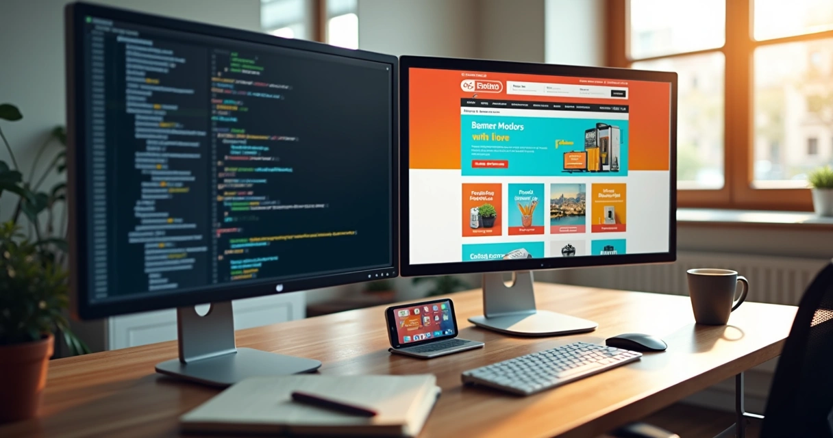 Programador trabalhando na tela de um site de e-commerce 