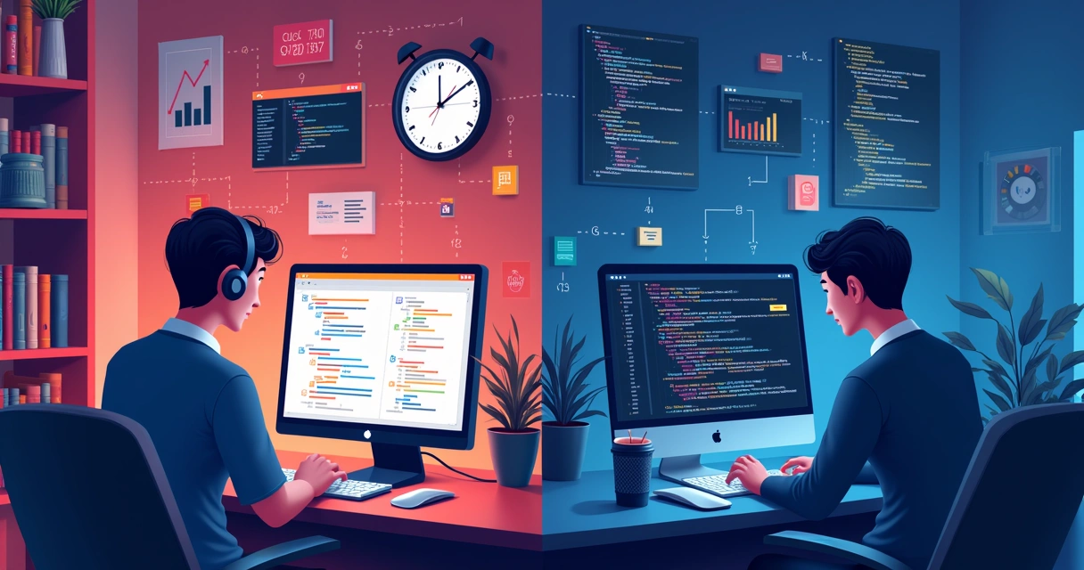 Ilustração comparando fluxos de trabalho de desenvolvimento low-code e código tradicional em duas seções separadas.