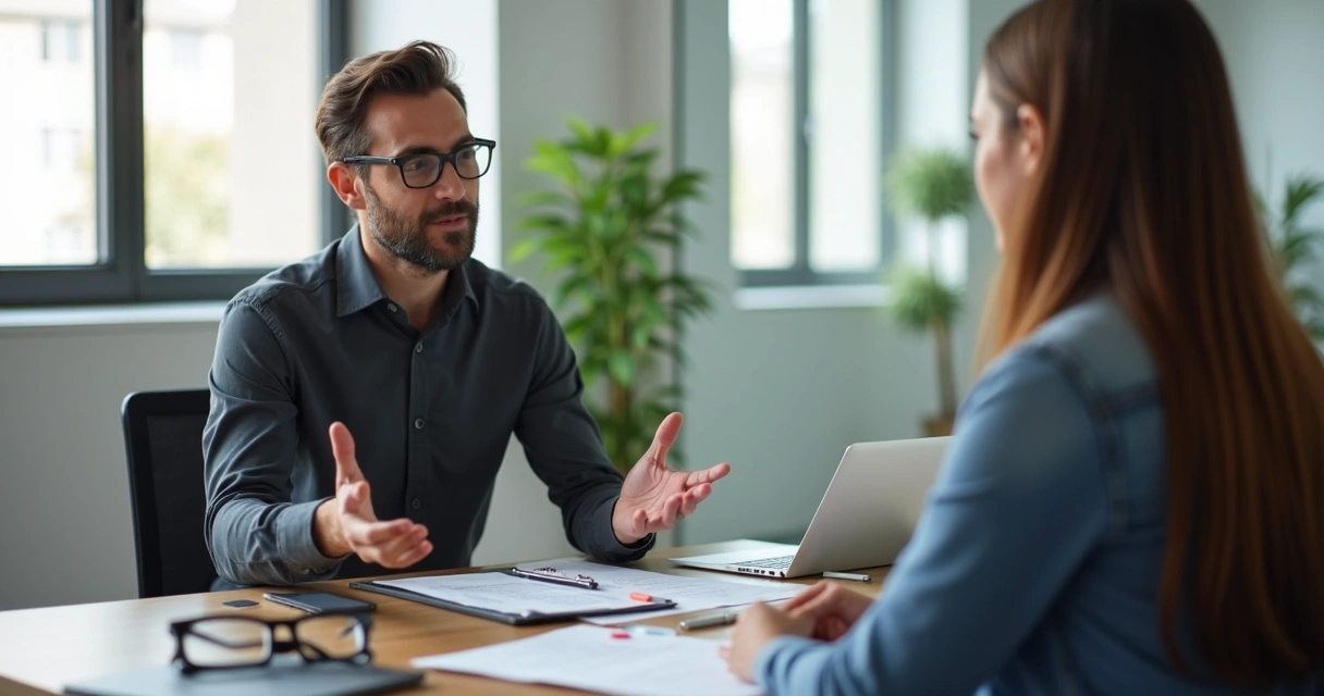 Mentorado recebendo feedback do mentor em ambiente corporativo 