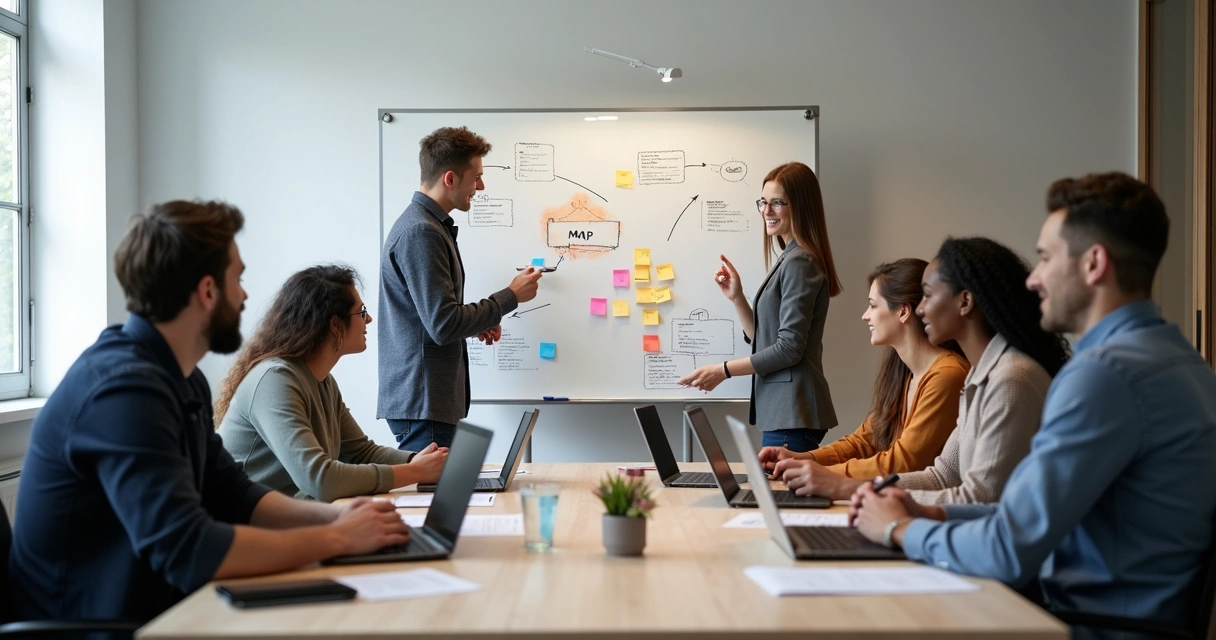 Equipe planejando o desenvolvimento de MVP em uma sala de reuniões