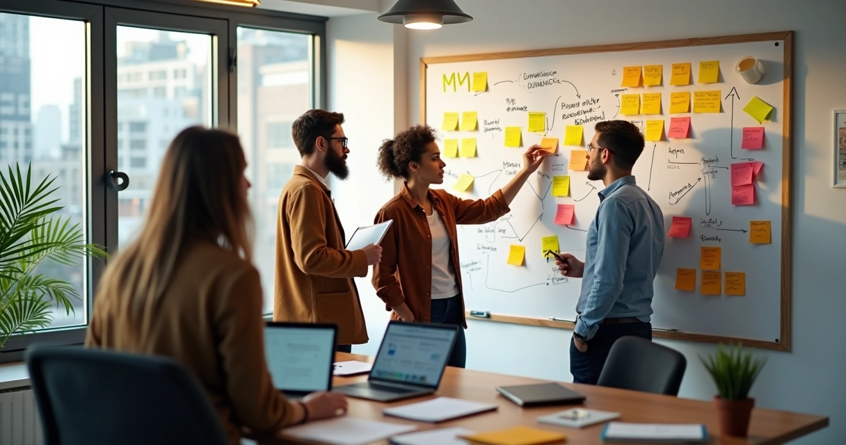 Equipe pequena discutindo um quadro branco com fluxos de MVP 