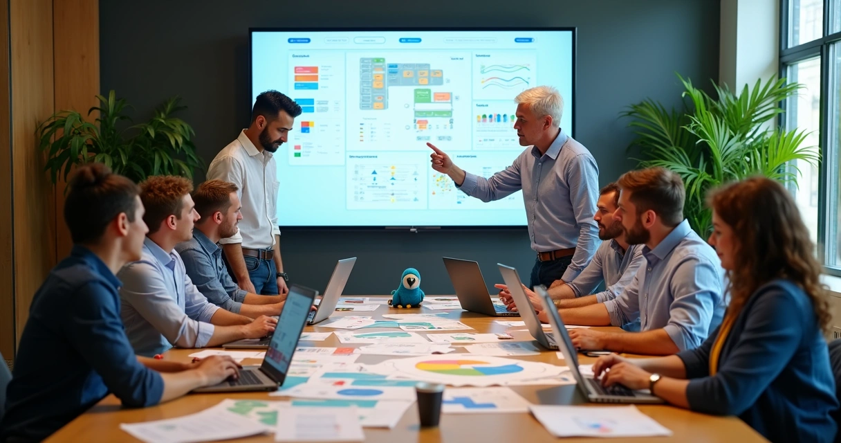 Empresários analisando fluxos de um aplicativo no-code em notebooks 