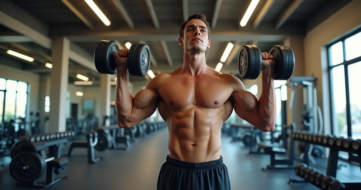 Pessoa executando desenvolvimento em pé com halteres com postura correta na academia 