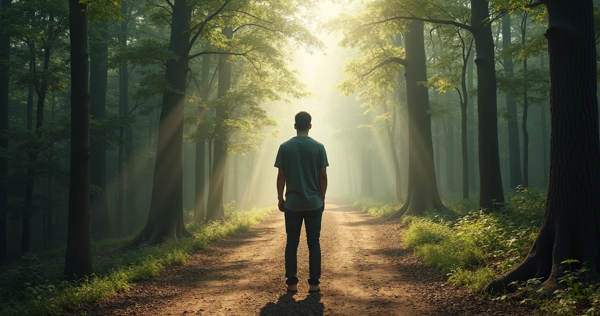 Pessoa caminhando diante de diferentes caminhos em ambiente natural 