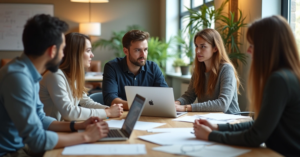 Grupo de pessoas em ambiente profissional, trocando ideias, diversidade 