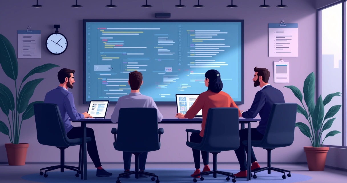 Equipe de TI discutindo código em uma sala de reuniões, quadro digital ao fundo 
