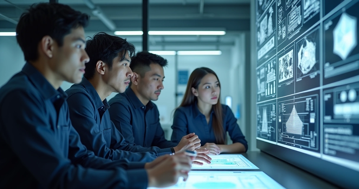 Engenheiros usando IA em laboratório para desenvolver produto inovador 
