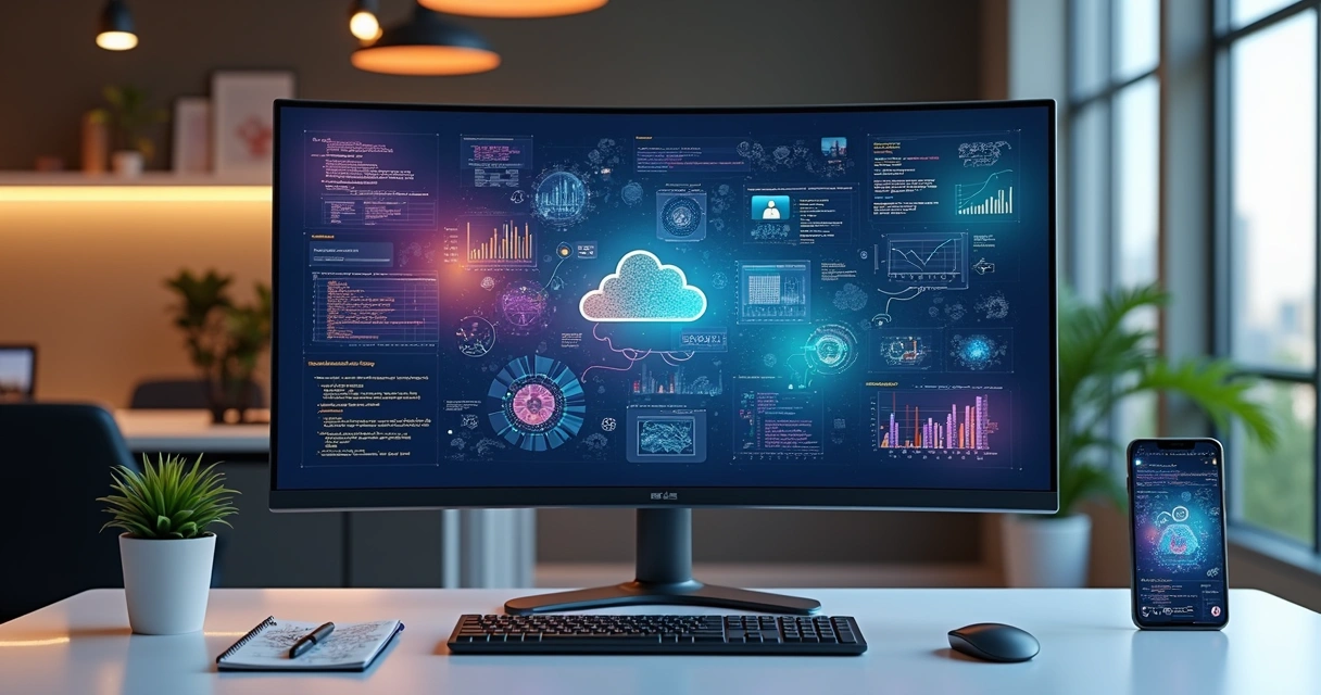 Tela de computador mostrando processo de desenvolvimento de produtos digitais com gráficos, códigos e protótipos 