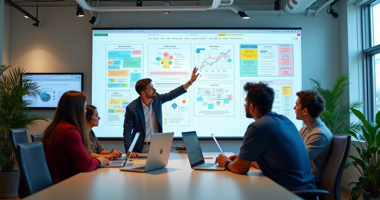 Equipe de desenvolvimento discutindo layout de site em telas digitais 