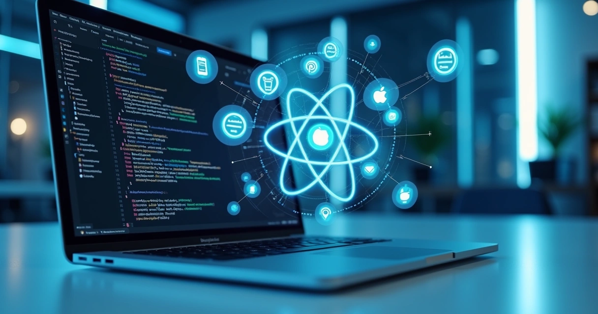 Notebook com código React Native aberto, com elementos digitais e símbolos de aplicativos móveis ao redor 