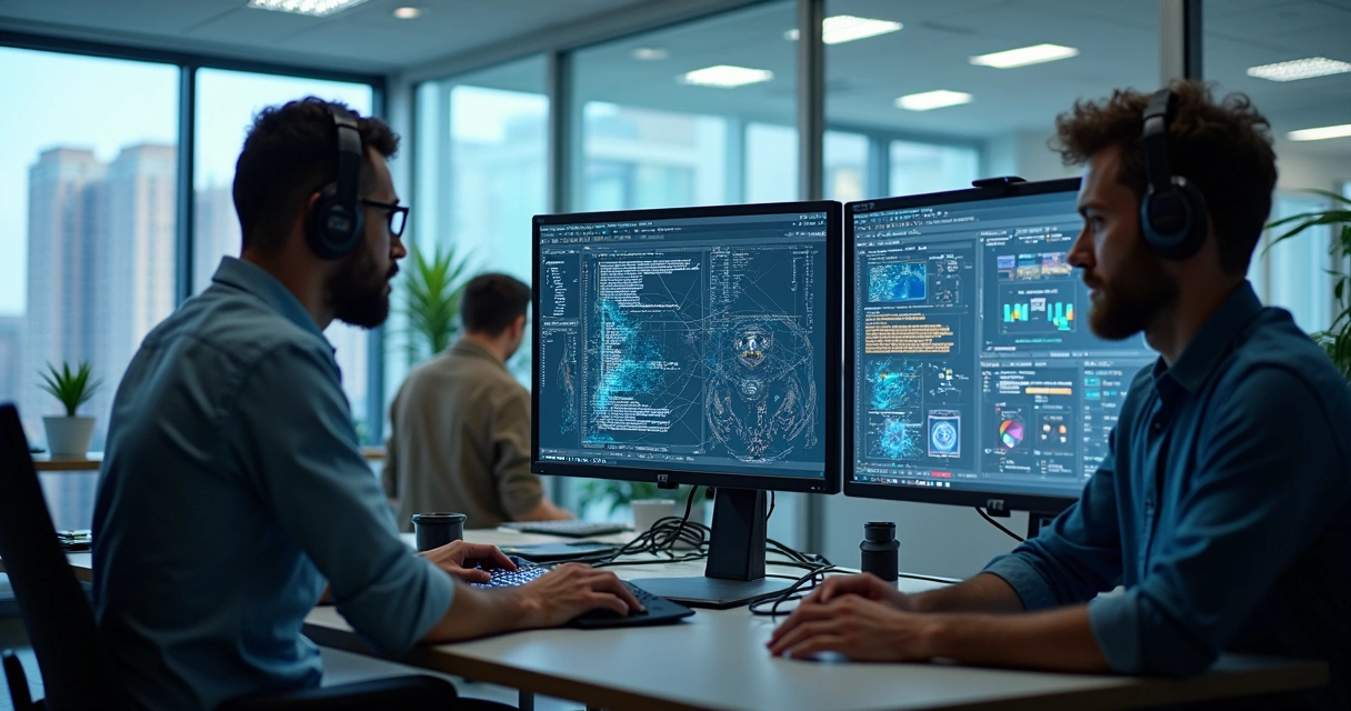 Desenvolvedores programando um robô digital em ambiente de escritório, monitores exibindo códigos de automação 