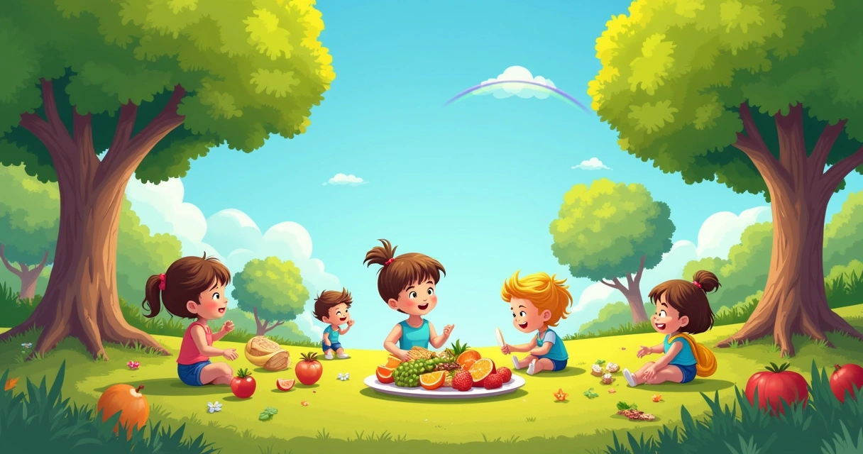 Crianças brincando em um parque ensolarado, com uma delas degustando peixe e frutas saudáveis.