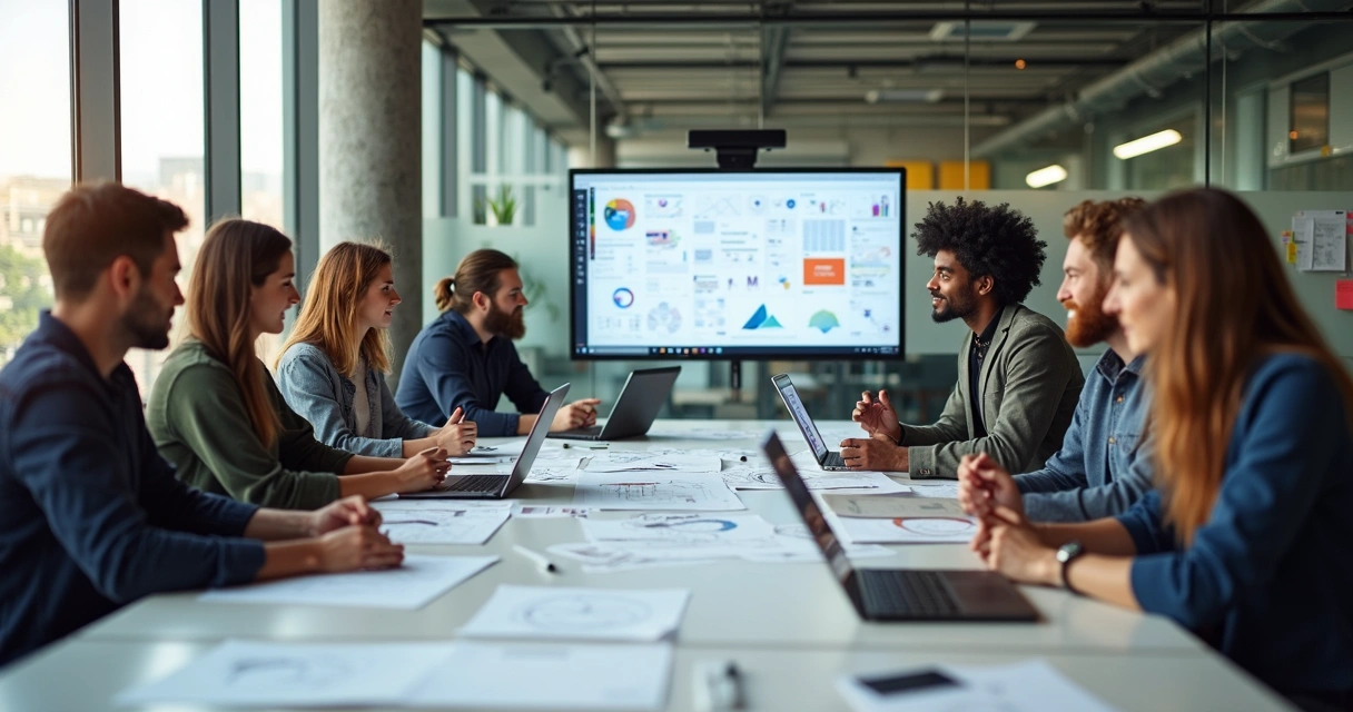 Equipe de desenvolvimento analisando protótipos de software em sala moderna 
